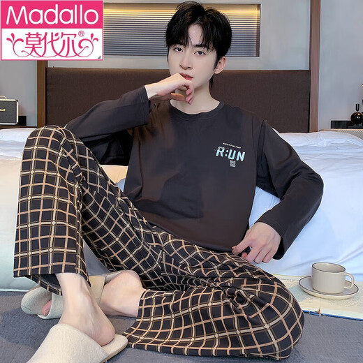 莫代尔100%棉新款男士睡衣秋季纯棉长袖长裤家居服套装男款套装男款 9923 L (110斤-140斤)