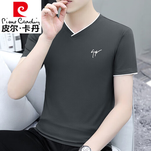 
Pierre cardin summer men's short-sleeved T-shirt v-neck pure cotton half-sleeved chicken heart neck T-shirt trendy slim body thin men's clothing black YD7029 M