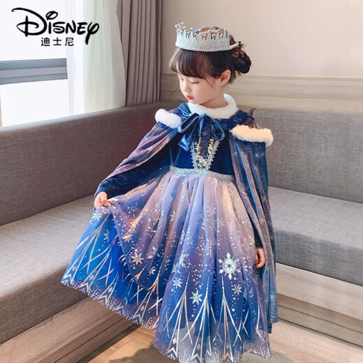 Disney Girls Elsa Princess Dress New Autumn and Winter Velvet Thickened Cute Girl Frozen Performance Dress Set Velvet Skirt + Cape 100 (Suitable for heights of about 90cm)