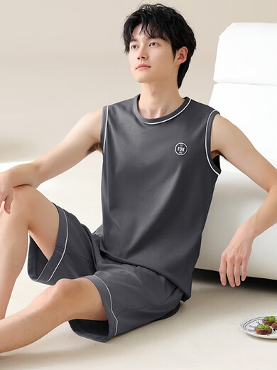 Pyjamas Herren Sommer Reine Baumwollhülsenweste Sommer Teenager Großgröße Dünne Freizeitkleidung für Herren, Set Ydy13657 XL Code (empfohlen 120-140jin [Jin gleich 0,5 kg]) Gleiche Größe
