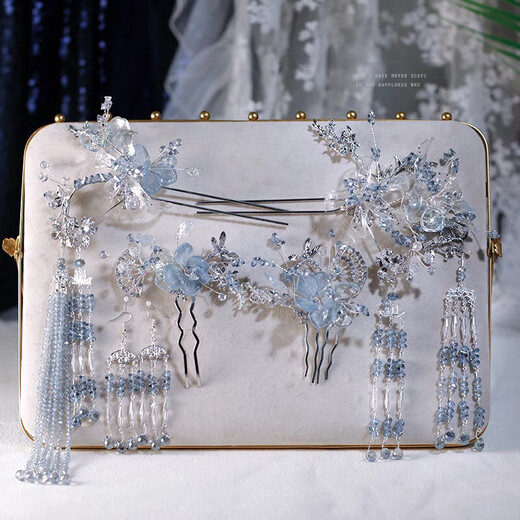 Shiyun bridal tiara Chinese style Xiuhe elegant new ancient costume blue glazed flower hairpin dress wedding dress cheongsam with ice blue Xiuhe tiara set (ear hooks with pierced ears)