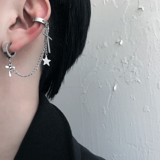 JPHZNB Back to School Autumn Chain Cross Earrings Accessories Men's and Women's All-in-one Ear Clamp Hong Kong Style European and American Non-fading Trendy Star Plus Ear Chain 1 Piece (No Ear Holes)