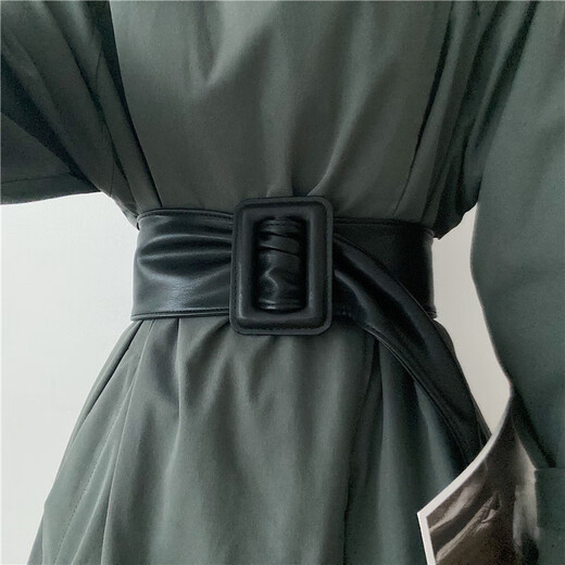 CLCEY soft leather non-hole belt for women with skirt corset decoration retro matching dress coat suit girdle extra wide black