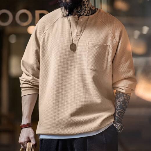 Madden Workwear American Retro Waffle Knit Henley Shirt Men's Autumn Loose Raglan Half Placket Pullover Long Sleeve T-shirt Milk Brown L