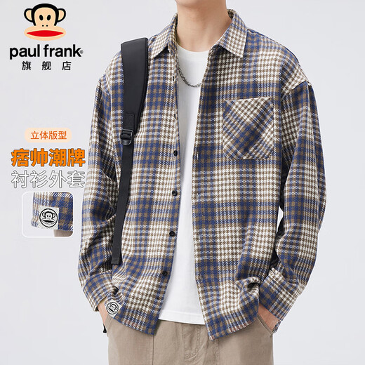 Paul Frank Langarmshirt Herren Frühling und Herbst Kariertes Hemd Herren Trendy Casual Top Jacke Herren Blau XL