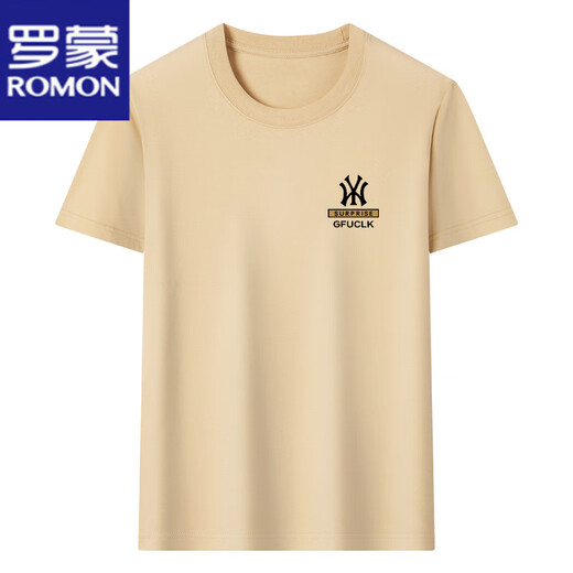 罗蒙（ROMON）男士短袖t恤纯棉圆领半袖上衣2025夏季薄款休闲时尚凉感体恤衫男 短袖YW9929驼色 M 165建议90-120斤