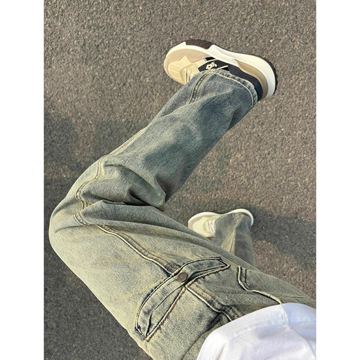 POUM yellow mud jeans men's American high street casual pants spring and autumn trendy brand workwear retro slim straight bootcut pants DDD-394 yellow M recommended 95-115Jin Jin equals 0.5 kg