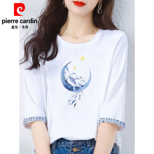皮尔卡丹（pierre cardin）2025新款春秋纯·棉七分袖t恤女士中袖宽松设计感青春短袖夏季上 W6172冰蓝 中袖 M (建议80-105斤)