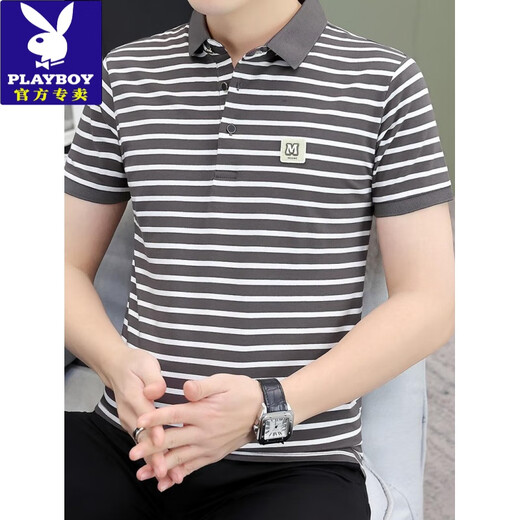 花花公子（PLAYBOY）纯棉polo衫男士短袖t恤条纹翻领上衣夏季新款高档商务有领体恤衫 TB-QY753黑杏 L 【建议120-135斤】