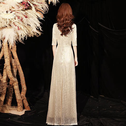 Su Lai champagne color Xi mother-in-law spring and summer style mother-in-law mid-length skirt can usually be worn at weddings and high-end mother-in-law dresses. Champagne gold mid-length skirt length 100 L L (recommended 110-120 Jin Jin equals 0.5 kg)