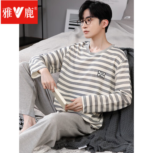 
Yalu Spring and Autumn Pajamas Men's Cotton Large Size Loose Korean Student Long Sleeve Set Can Be Wear Winter and Summer Home Suit ZY9906 L (Suggested-130Jin[Jin is equal to 0.5 kg])