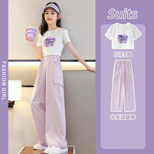 NICKYBABY Girls Summer Set 2025 New Fashionable Children's Short Sleeve Internet Celebrity Street Fried Street Summer Girls Sports Working Pants 15029 Pink Purple + 9889 White 150 cm