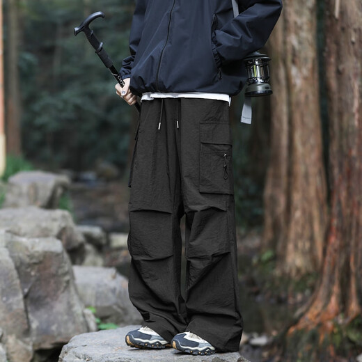 Pantalones de paracaoleta de área de pantano Pantalones de senderismo plisado de primavera y verano Pantalones de senderismo plisado y pantalones de seda de hielo informal WS701 Negro 2xl