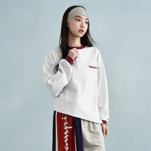 Champion long-sleeved T-shirt men's color-blocked Henry collar bottoming shirt pure cotton top women's twist gray L