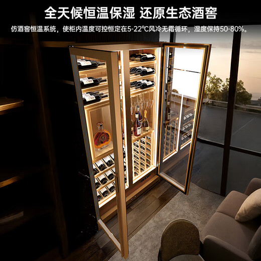 Qielong 808W red wine cabinet double-door constant temperature moisturizing ultra-thin insertable air-cooled frost-free compressor wine cabinet office home liquor and wine refrigerated display 808W obsidian black + beech wood shelf + stainless steel cabinet
