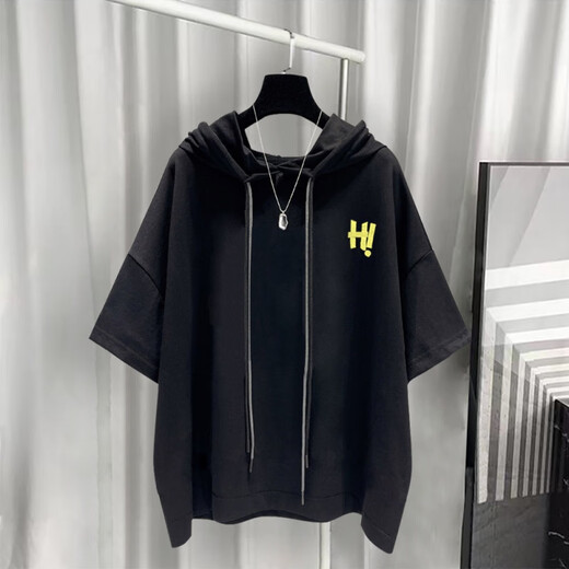 夏品丽港风连帽短袖套装男夏季潮流印花T恤整套 灰色9215 S  适合(85-105斤)