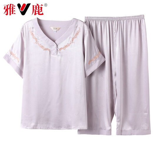 Yalu Middle-aged Mother Thin Summer Middle-aged Women's Ice-Sensing Real Silk Short-Sleeved Pajamas Women's Home Clothing Set 688 Bean Paste (Cross Sleeve Trousers) L [80-Jin[Jin is Equal to 0.5 kg]]