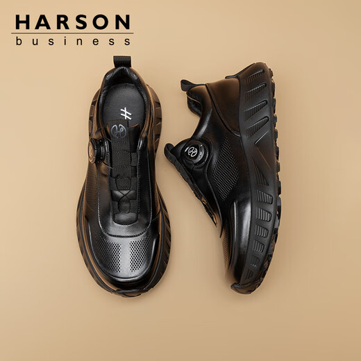 Hazen first-layer cowhide men's shoes 2025 autumn business casual leather shoes men's rotating button genuine leather sports leather shoes black plus velvet winter warmth 41 (255mm)