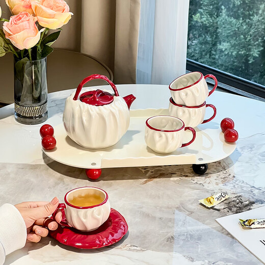 Zunmousse ceramic water set, household high-looking living room hospitality cup, teapot, kettle, housewarming gift, new home gift, pleated cup and pot set, 1 pot, 4 cups, 4 dishes, 1 tray