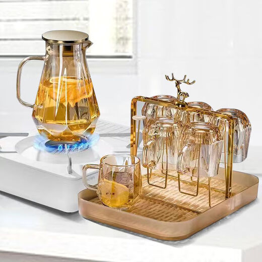 Wuji light luxury style diamond water set for home living room with handle glass drinking cup family tea cup tea set ash diamond pot one pot six cups + plate + cup holder