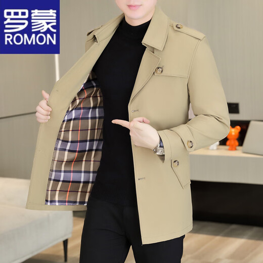 ROMON windbreaker jacket men's mid-length spring and autumn thin British style khaki casual single-breasted coat for young and middle-aged men khaki spring and autumn single 175 recommended weight 125-140Jin Jin equals 0.5 kg XL