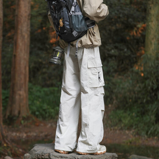 SWAMP AREA伞兵冲锋裤男春夏薄款褶皱登山裤直筒运动休闲冰丝裤WS701米白色L