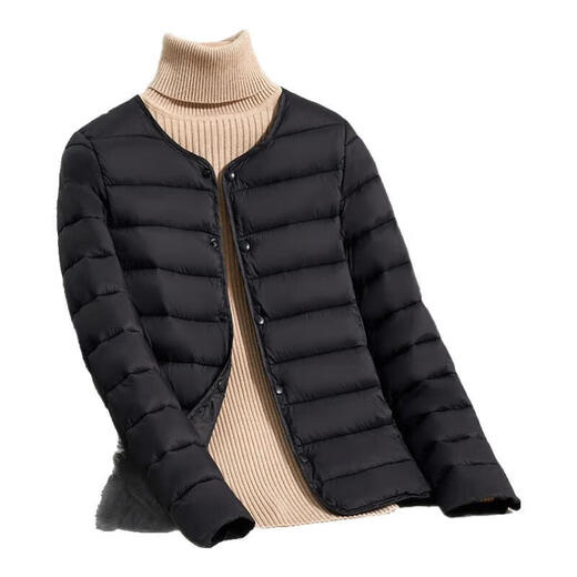 Lightweight cotton coat for women, warm inner liner, short large size slim coat, autumn and winter round neck jacket for women, black 3XL recommended 110-125Jin Jin is equal to 0.5 kg