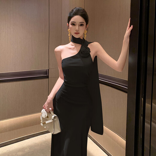 YIOU气质名媛法式缎面飘带晚礼服长裙女高端轻奢包臀挂脖连衣裙6936 香槟色 S