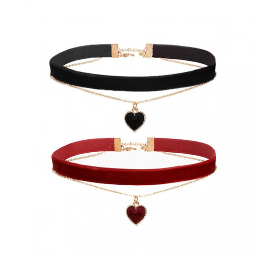Feiyu burgundy velvet love necklace, atmospheric double-layer tassel clavicle chain, retro style velvet choker, red love heart