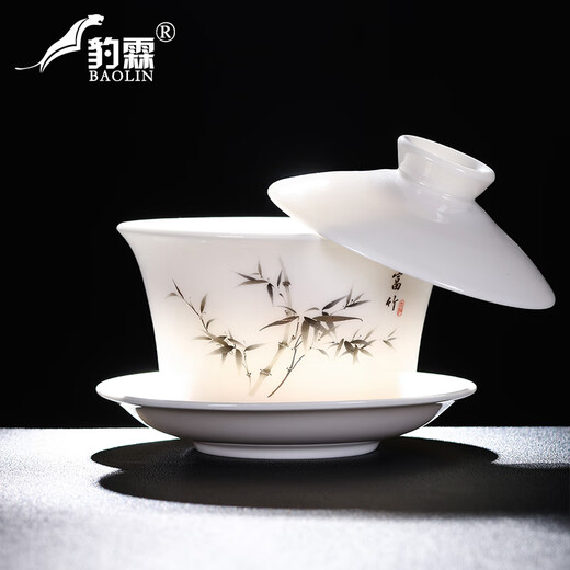 Baolin hovering large tureen suet jade three-cup lid tea bowl tea set single high-end white porcelain hand-held teapot 280ML-large hovering tureen-mutton-fat jade-Fuzhu
