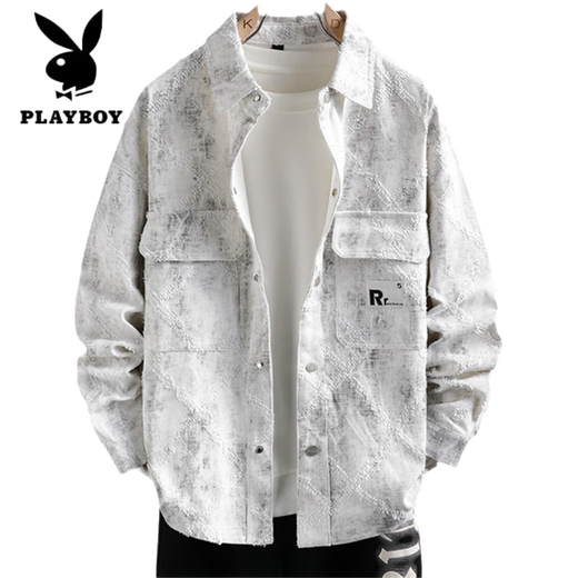 花花公子（PLAYBOY）牛仔外套男生春秋季新款青少年衬衫夹克初高中学生男装潮流士上衣 16823白色 2XL (130-145斤左右)