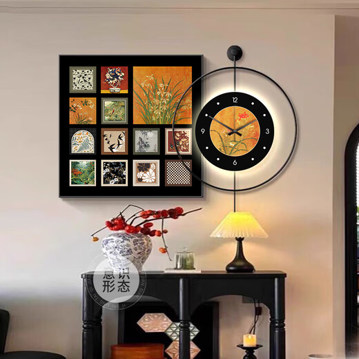 CLCEY增强中古风百联餐厅装饰画led灯带钟表感壁画复古饭桌背景墙挂画 K12807+PB58 a50*50cm画+50*50cm挂钟带钟摆