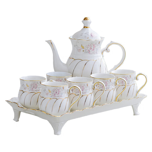 Jingdezhen high-end European water cup set, ceramic living room cup, family light luxury teapot, tea set, tea cup, household cup set, gold and jade brocade with 4 feet and 6 lids