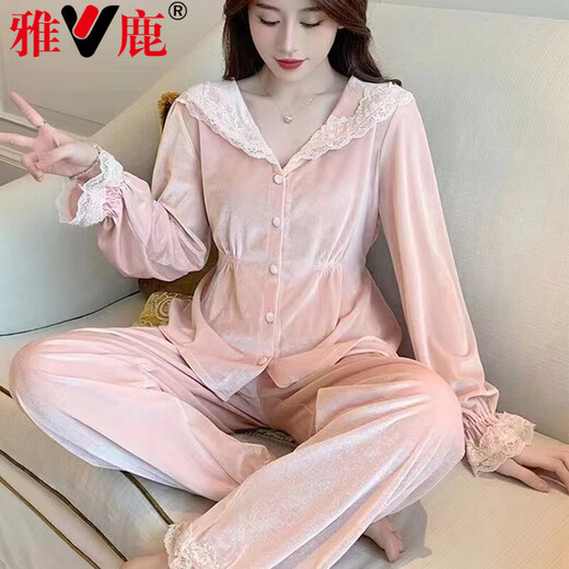 雅鹿金丝绒睡衣女春秋款冬季长袖开衫卡通猫咪感家居服可外穿ins 9905条纹 2XL 建议135-150斤