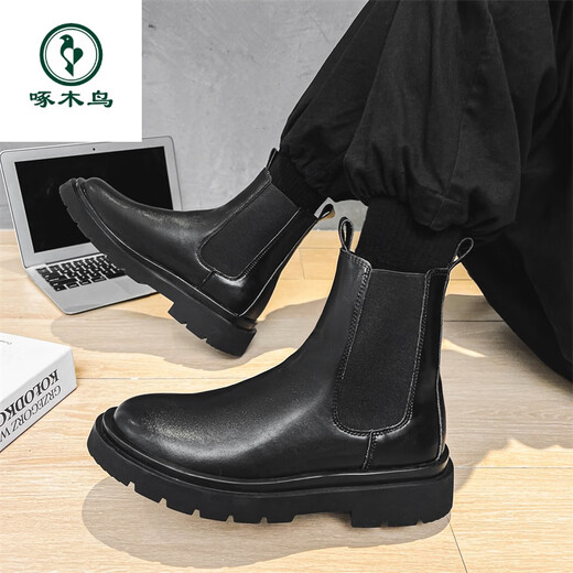Woodpecker Spring 2025 New Martin Boots Men's Chelsea Boots Thick Sole High Top British Work Boots Men's Shoes Trendy Spring and Autumn Black 39