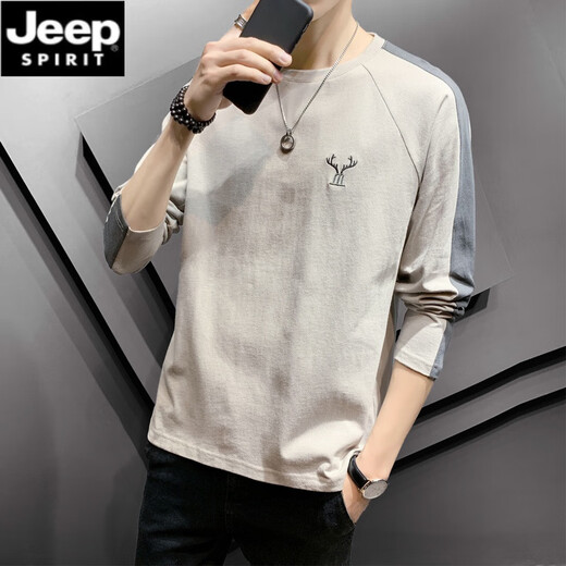 Jeep Spirit Cotton Herren-Langarm-T-Shirt 2025 Frühling und Herbst Neue Tops Trendy Lose Frühling und Sommer Dünnes inneres Basishemd DS643 White + DS692 White M (100-115jin [Jin gleich 0,5 kg]))