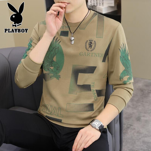 Playboy 2025 Frühlings- und Herbst-Langarm-T-Shirt European Fody Herren-Modepullover Plus-Size-Basis-Shirt-T-Shirt [Frühling und Herbst] 6626 Khaki Thin Model 4xl 180-200jin [Jin gleich 0,5 kg]