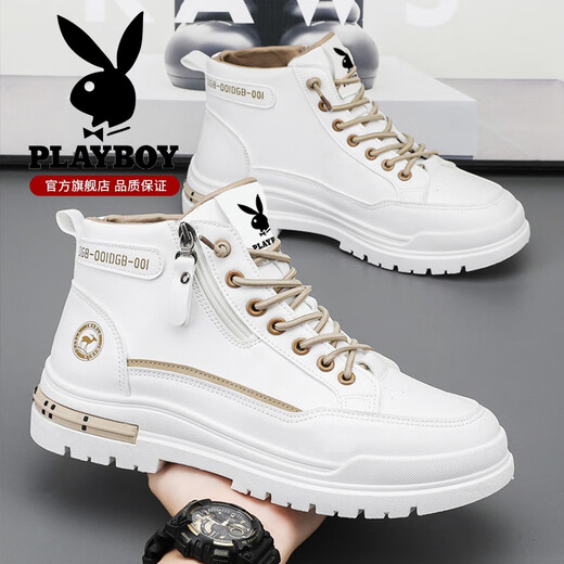 Playboy (PLAYBOY) men's shoes high top spring and summer new 2025 casual retro thick sole height-enhancing breathable trendy leather shoes men's Martin boots white brown 844 42