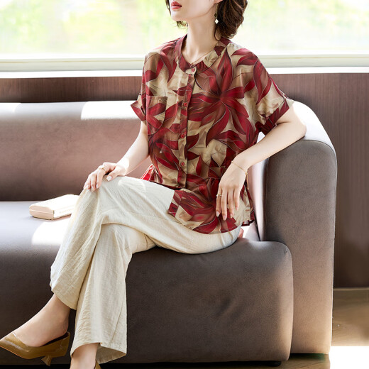 Hengyuanxiang Mother Suit Summer 2025 Nuevo camiseta de manga corta Traje de camisa pequeña de mediana edad y anciana camisa de gasa de verano para mujeres 723 Pantalones verdes + negros de patas anchas L: (sugerido 85-100 Jin [Jin equivale a 0.5 kg])