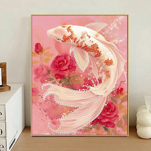 玫瑰锦鲤珍珠画diy手工手绘画画填色数字油画涂色填充唯美装饰画 R12392号珍珠+胶水 4050油画套餐+L型外框四色