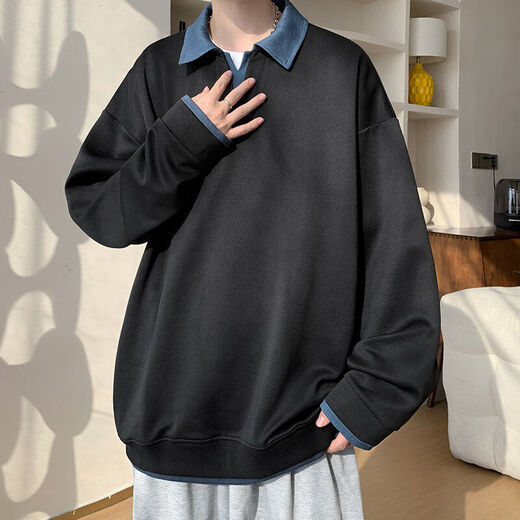 Four fake two-piece Henry collar sweatshirt for men, spring and autumn high-end shirt-style jacket, loose and handsome polo collar pullover top, black M, one size fits all