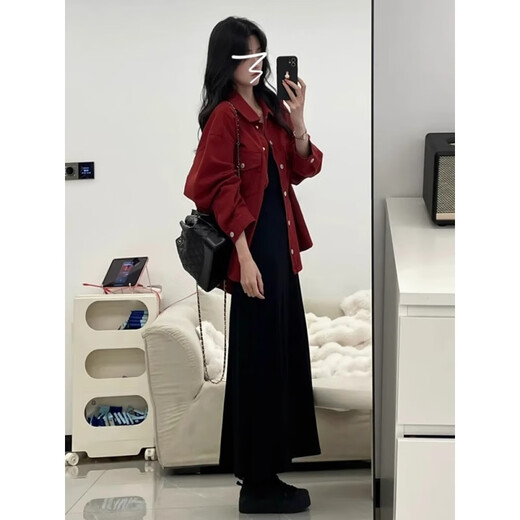 Yadaisiwei dress women's 2025 autumn new temperament outfit two-piece suit shirt suspender skirt spring and autumn red jacket + black dress L (recommended 100-120Jin Jin equals 0.5 kg)