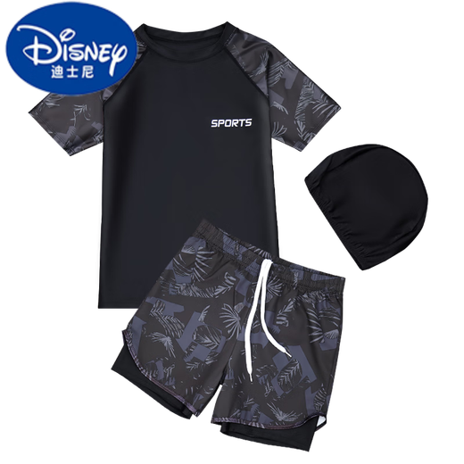 迪士尼（DISNEY）儿童游泳衣男童分体中大童青少年初中男生速干泳裤胖男孩套装 9712-黑绿带泳帽 170 身高160-170cm体重90-110斤