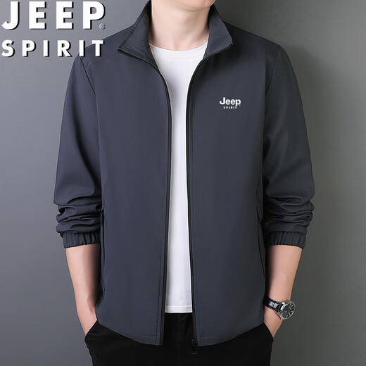 JEEP SPIRIT Jeep Jacket Men's Spring and Autumn Versatile Simple Solid Color Stand Collar Jacket Casual Wear Top Dark Blue 2XL