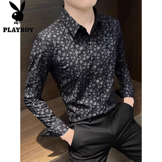 Playboy (PLAYBOY) long-sleeved shirt men's print autumn new style non-iron anti-wrinkle slim light luxury men's casual floral handsome shirt 291 black L 105-125Jin Jin equals 0.5 kg