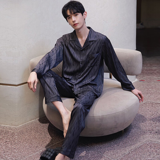 Urban Beauty Men's Pyjamas Spring and Automne Ice Silk Silk Long Mancheve Suit Men's Summer 2024 Nouveaux vêtements de maison 6627 Rice Grey Dumplings L (100-125 Jin [Jin est égal à 0,5 kg]))