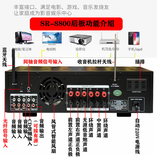 声道功放 5.1家用功放机 大功率 卡拉OK功放数字同轴摇控蓝牙功 AV9898-1000W5.1独立低音