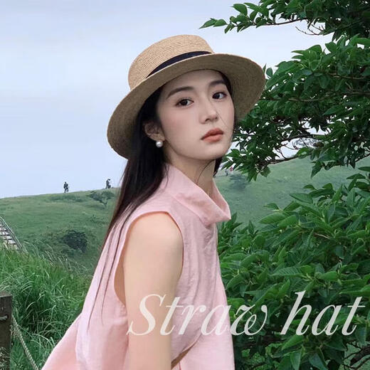 Mingyuegui 2025 Neues französisches flacher Strohhut Women's Big Head Zaun Beach Top Hut Stricker Sonnenschutz Hut Schwarzer Quadratgürtel [56-58 cm]