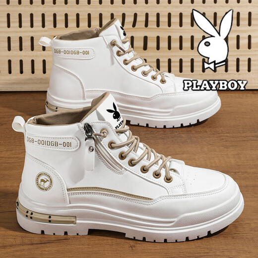Playboy (PLAYBOY) men's shoes high top spring and summer new 2025 casual retro thick sole height-enhancing breathable trendy leather shoes men's Martin boots white brown 844 42