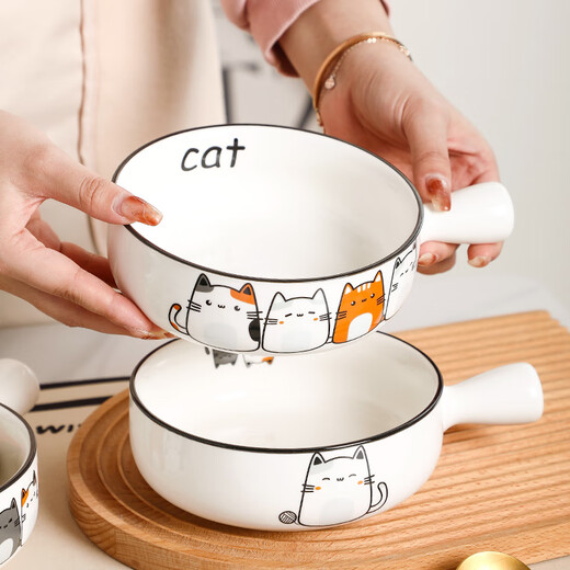 Fat Donglai's same style bowl with handle, ceramic instant noodle bowl with handle, student dormitory household, cute cat 2023 new model, handle bowl + lid - four cats